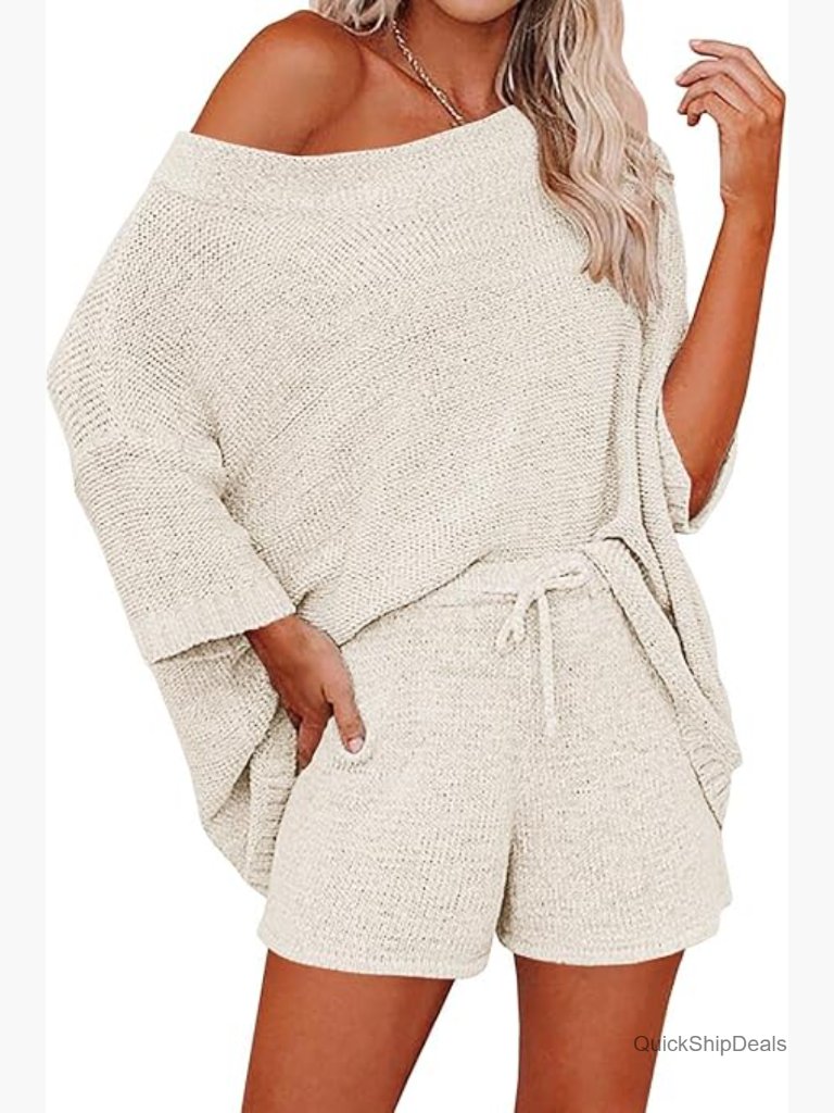 Off Shoulder Knit 2 Piece Sweater Set Pajama Lounge Suit
